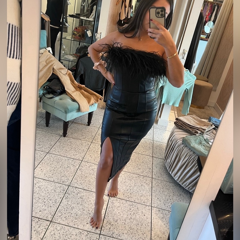 Black pleather dress with feathers